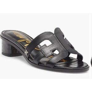 Sam Edelman Illie Black Leather Crocodile Embossed Block Heel Slide Sandals